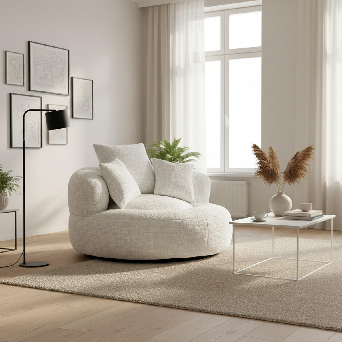 LAZY SOFA– Hoher Rücken & 3 Kissen (Beige Chenille) - Beige, Textil (108/52/108cm) - Urban Meuble