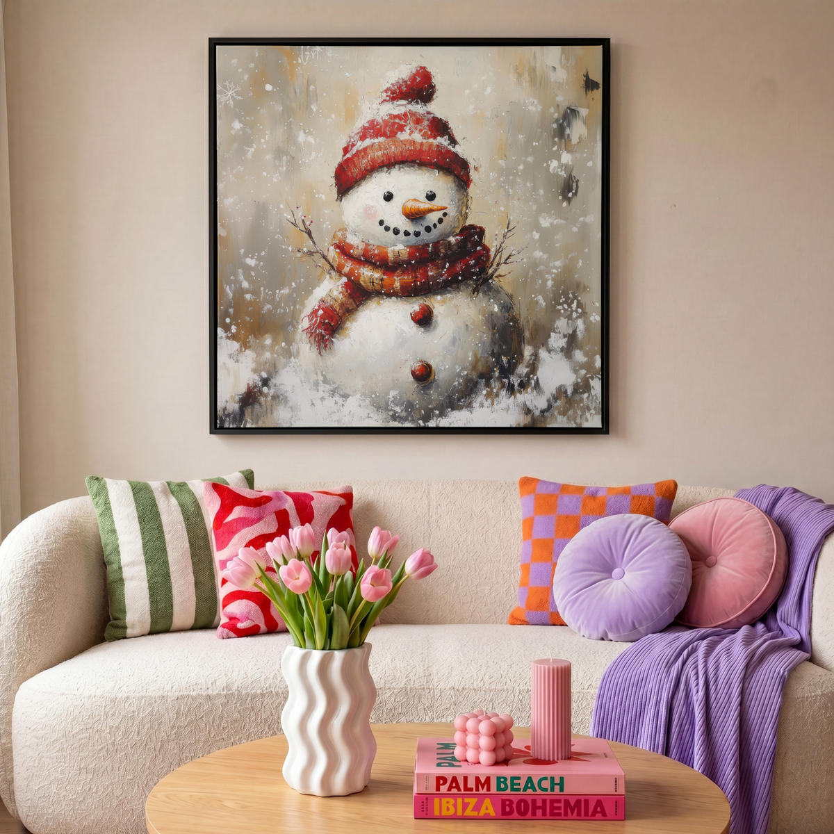 LEINWAND Bilder mit Rahmen - Schneemann - Winter - Schnee - Beige - 90x90 - Weiß, Textil (90/90cm) - MuchoWow