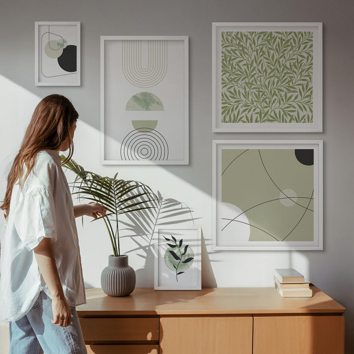 WANDBILDER 5er-Set - 50x50 cm & 20x30 cm & 40x60 cm Weißer Rahmen - Abstrakte Pflanzenmotive - Weiß, Kunststoff (40/60cm) - ArtPrintCave
