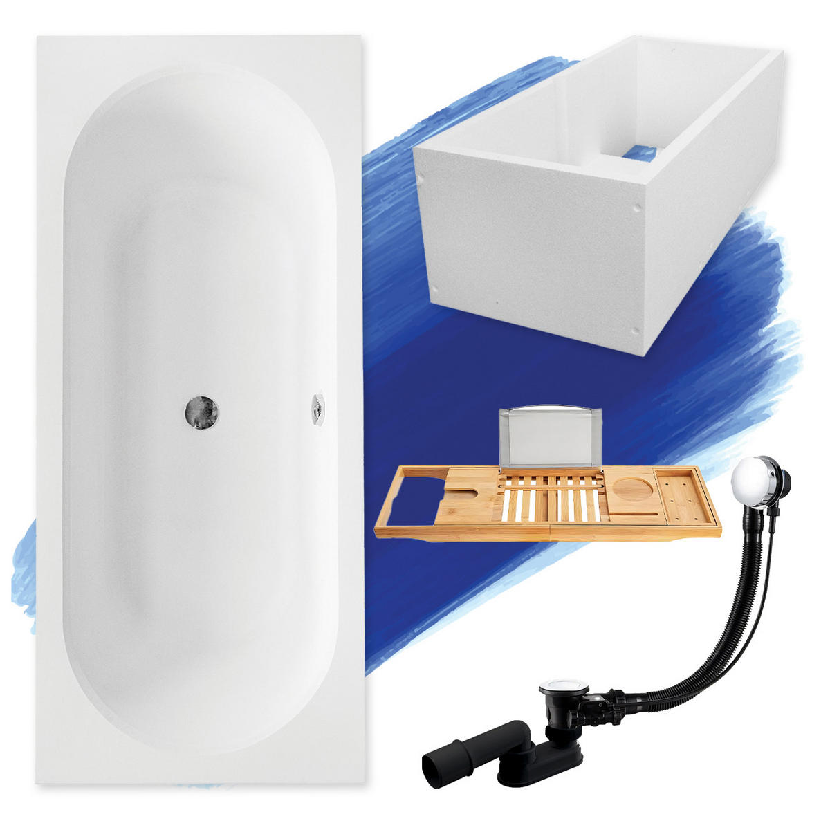 BADEWANNE Rechteck VITAE 150/75 + Träger + Ablage Ablauf Füße - Weiß, Kunststoff (75/55.5/150cm) - bad land
