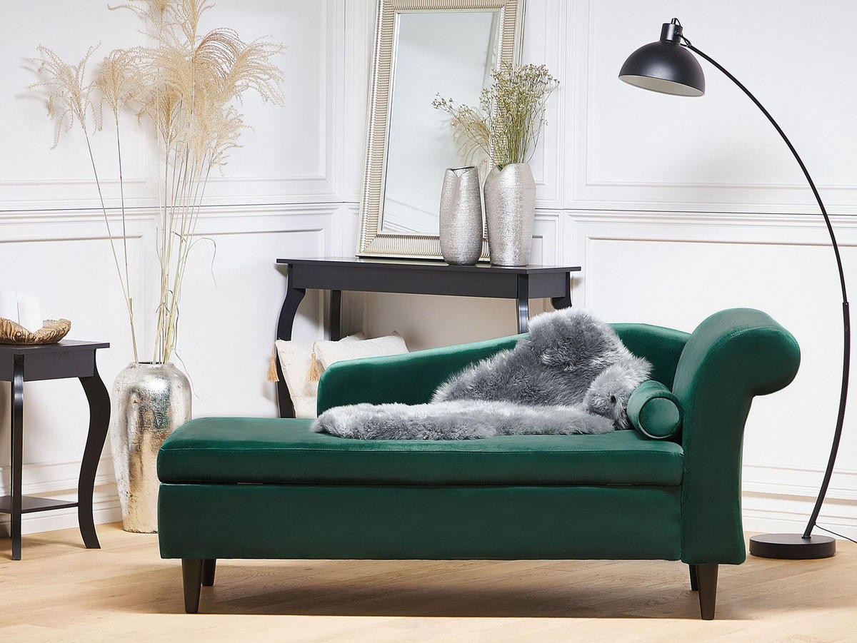 CHAISELONGUE Samtstoff smaragdgrün rechtsseitig Luiro - Schwarz/Grün, Textil (160/77/70cm) - Beliani