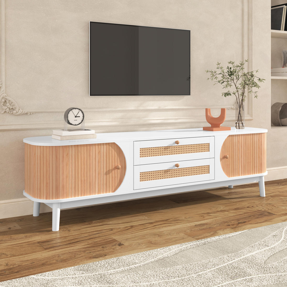 TV-RACK 170x39,5x46cm RattanLandhausstil Weiß mit Türen und Schubladen - Weiß, Holz (47/8/184cm) - Raelunyi