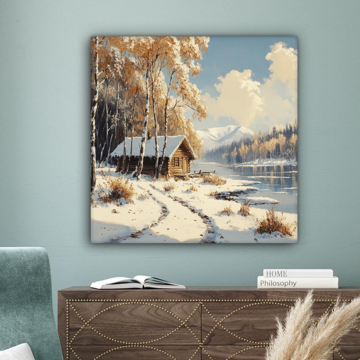 LEINWANDBILD Winter - Schnee - Zuhause - Natur Deko Groß 90x90 cm - Hellbraun, Textil (90/90cm) - MuchoWow