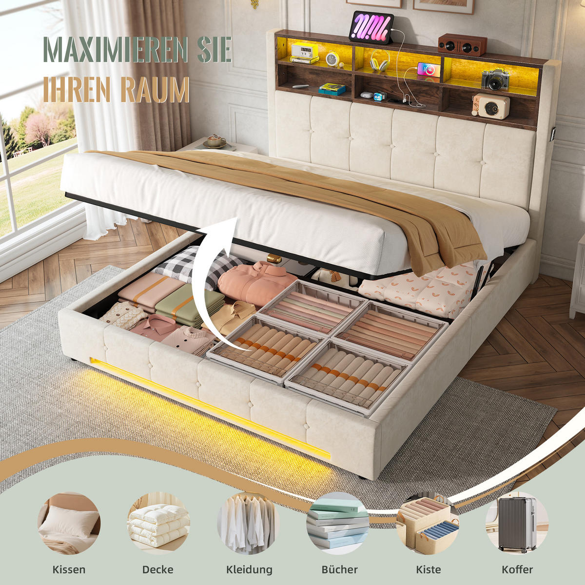 POLSTERBETT Doppelbett 160x200 cm mit Hydraulischen Stauraum, LED und USB-C, Beige - Beige, Holz/Holzwerkstoff (160/200cm) - LVHOM