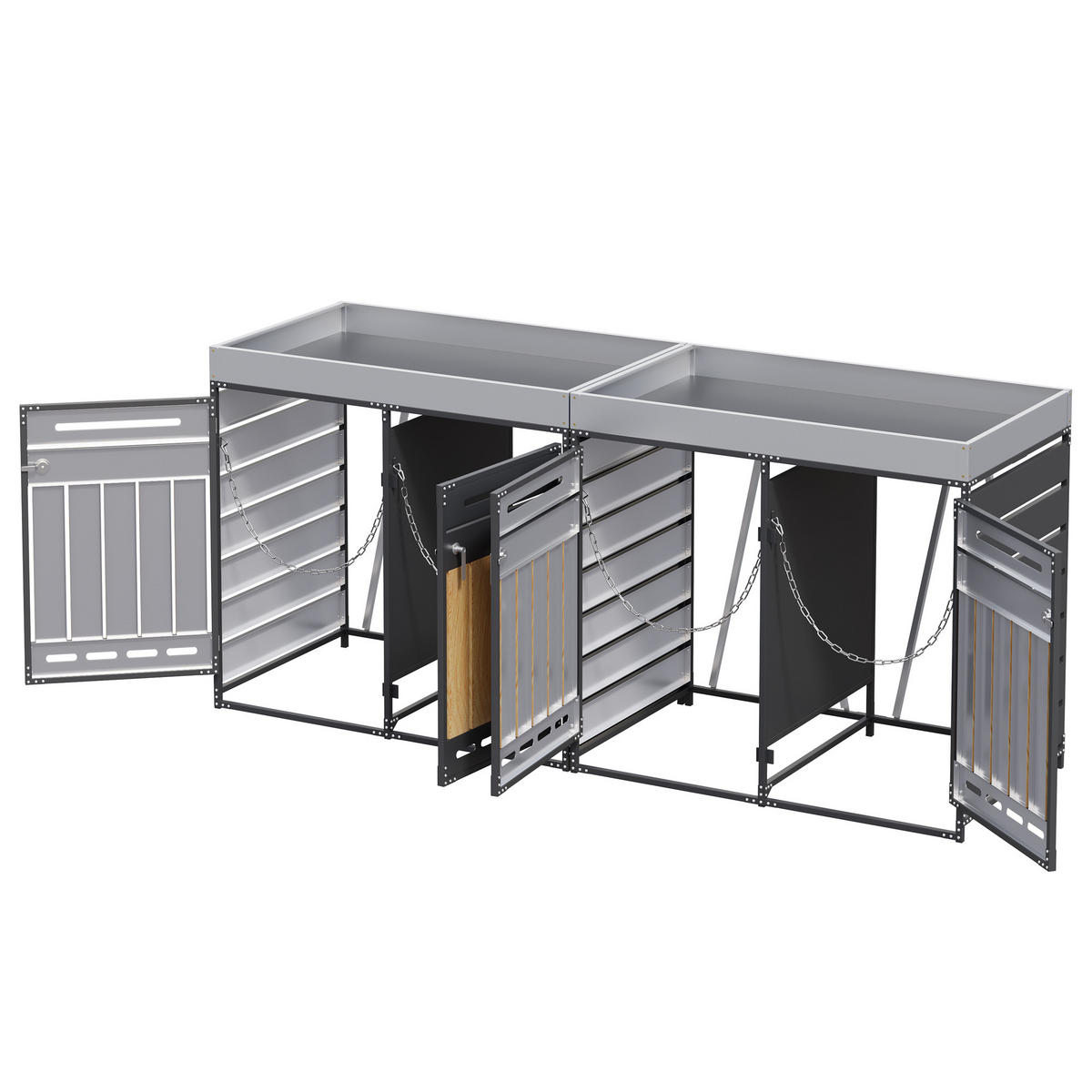 MÜLLTONNENBOX mit Pflanzkasten,Vertikale Holzmaserungspaneele 4er-Set - Grau, Metall (262/120/79cm) - PARAFTA HOME
