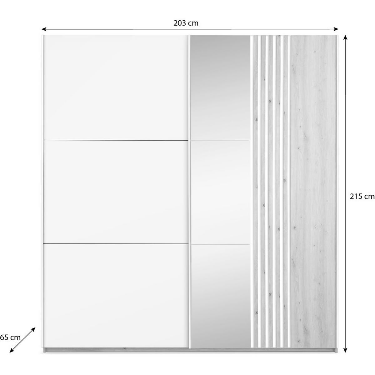 SCHWEBETÜRENSCHRANK Soria mit 2 Türen und Spiegel, 200 cm, Weiß+eiche Wotan - Eiche Wotan/Weiß, Holzwerkstoff (203/215/65cm) - Beautysofa