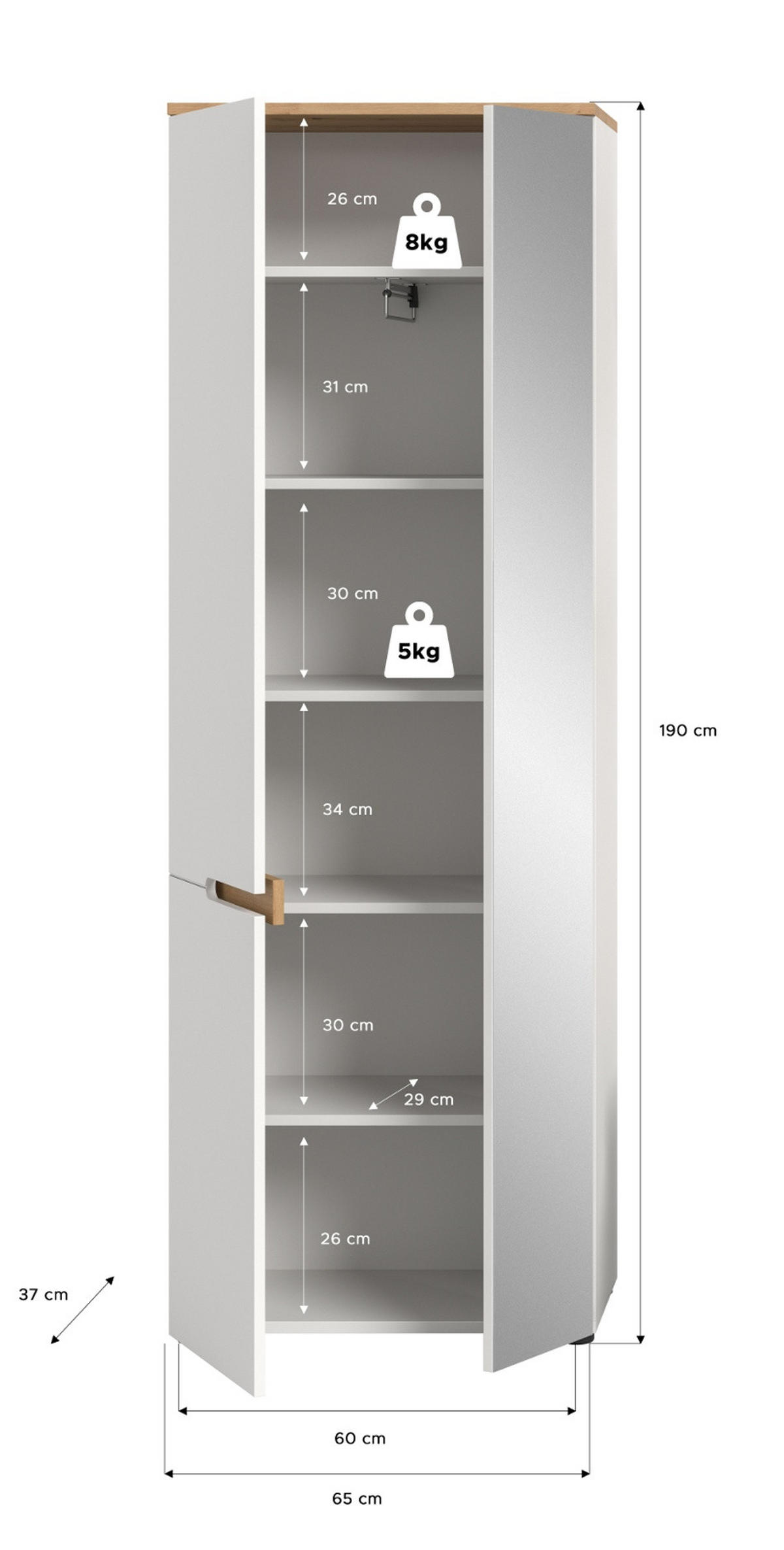 GARDEROBENSCHRANK weiß, Eiche Artisan 65 cm, Schuhschrank mit Soft-Close - Weiß, Glas/Holzwerkstoff (65/190/37cm) - Inn.Furn