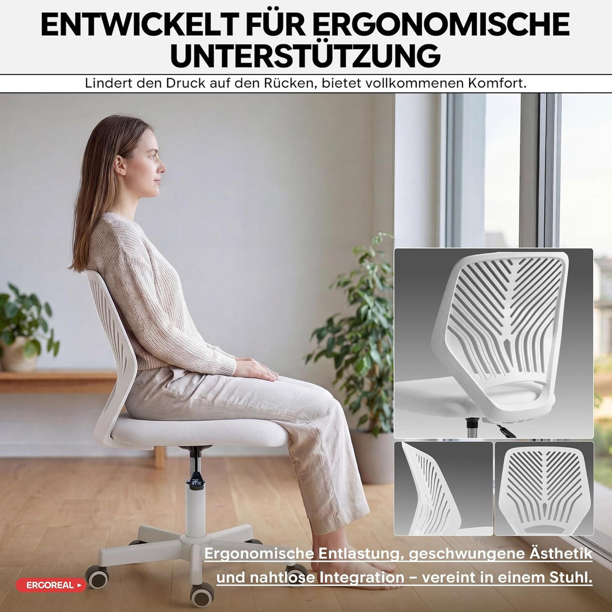 BÜROSTUHL Ergonomischer ohne Armlehne, mit Rollen & Höhenverstellung - Weiß, Metall (55/79/55cm) - Gisaae
