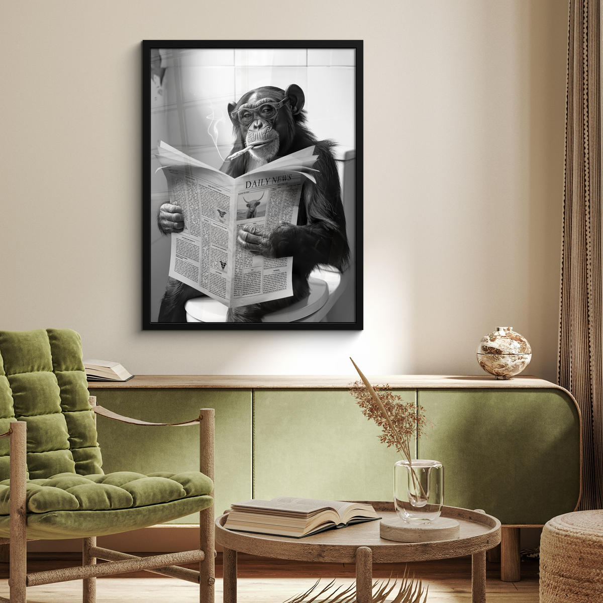 GERAHMTES BILD Affe - WC - Zeitung - Schwarz-Weiß - Humor 60x80 cm - Hellgrau, Papier (60/80cm) - MuchoWow