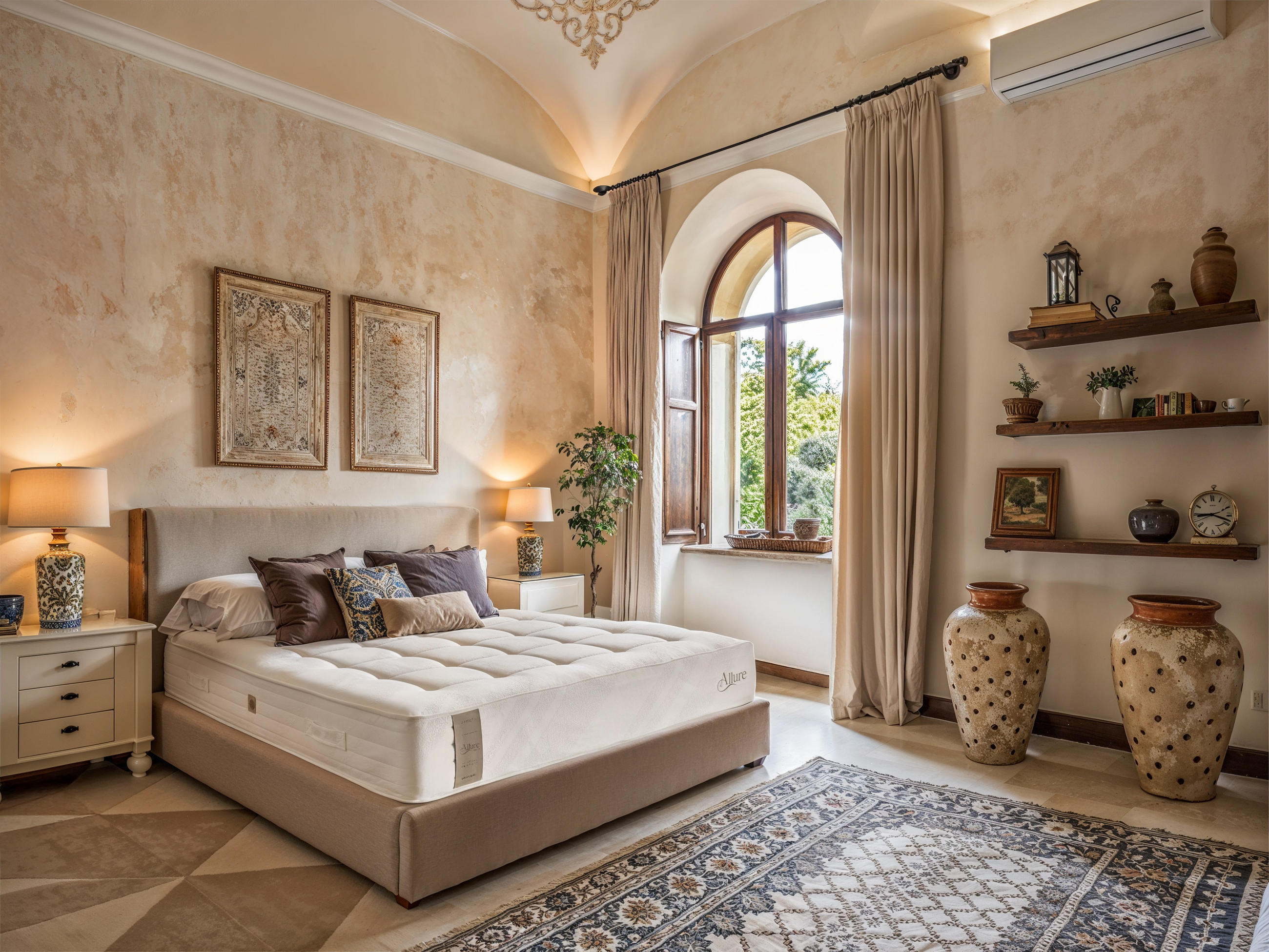 Mediterrán hangulatú hálószoba bézs kárpitozott boxspring ággyal, éjjeliszekrényekkel, asztali lámpákkal, hosszú függönyökkel és mintás szőnyeggel, íves ablak mellett.