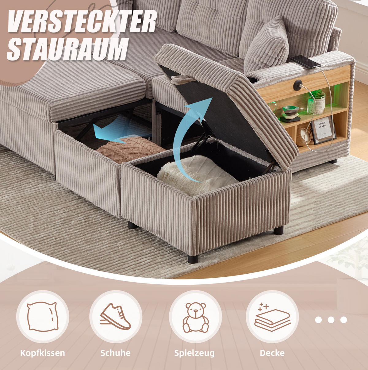 SCHLAFSOFA 196/82-144/85 cm aus Cord mit Stauraum, USB-C und LED-Beleuchtung Hellgrau - Hellgrau, Textil (82/85/196cm) - Modenvie
