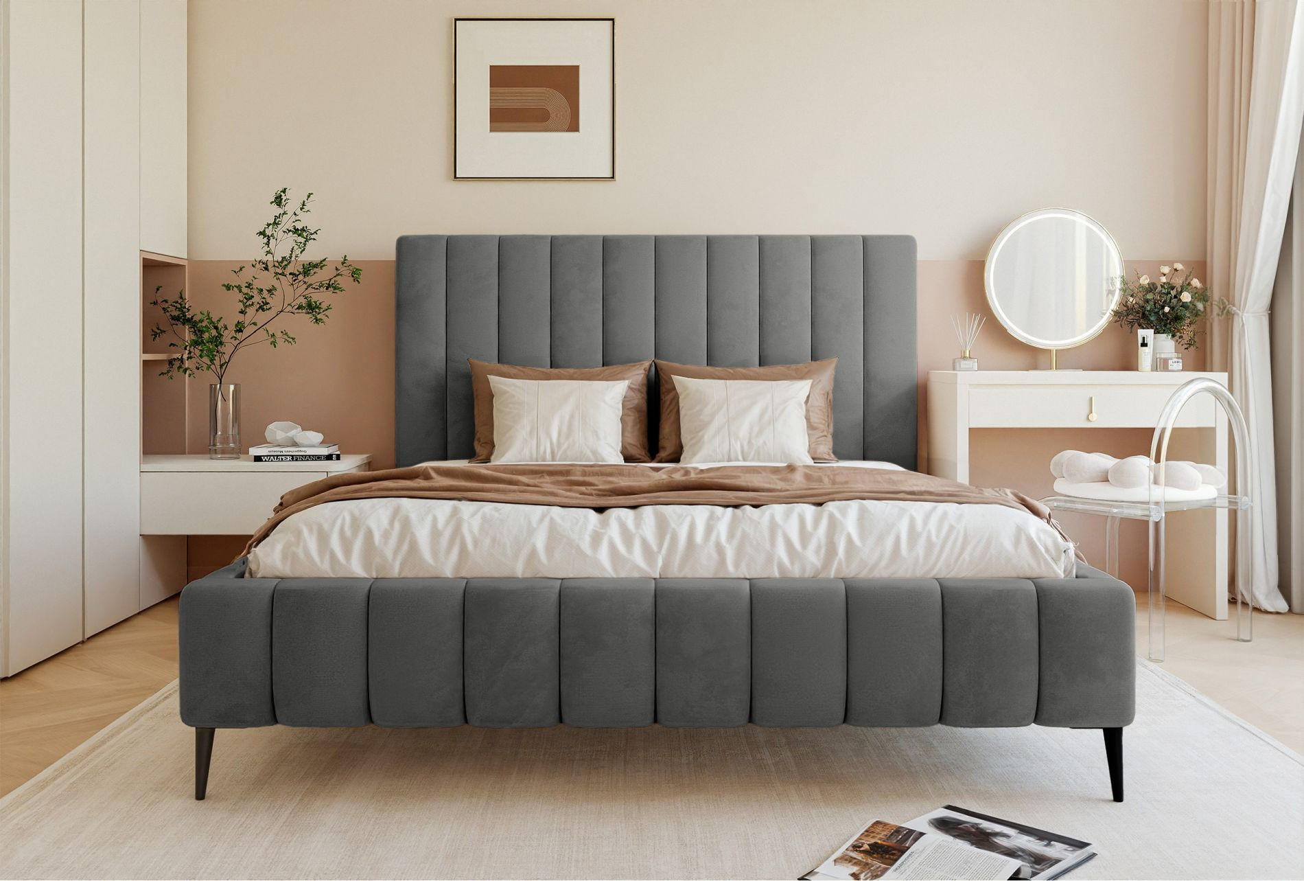 POLSTERBETT Fiarro mit Metallfüßen, Grau, Velours, 180x200 cm - Grau, Textil/Metall (180/200cm) - Selsey