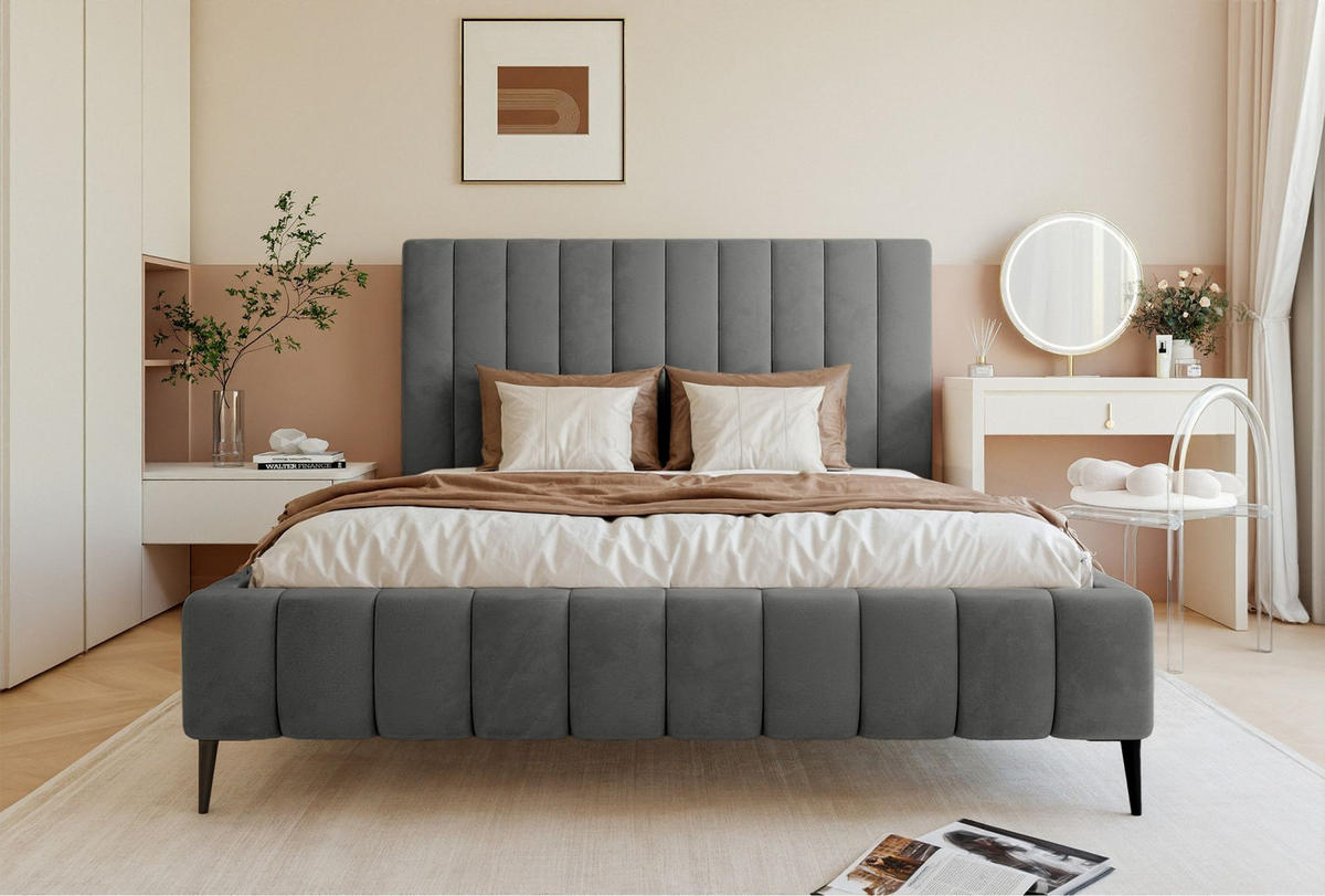 POLSTERBETT Fiarro mit Metallfüßen, Grau, Velours, 180x200 cm - Grau, Textil/Metall (180/200cm) - Selsey