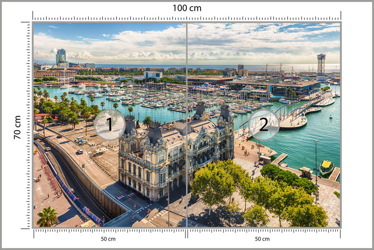 FOTOTAPETE für Wohnzimmer Barcelona Hafen Boote Denkmäler 100x70 - Türkis/Beige, Papier (100/70cm) - Muralo