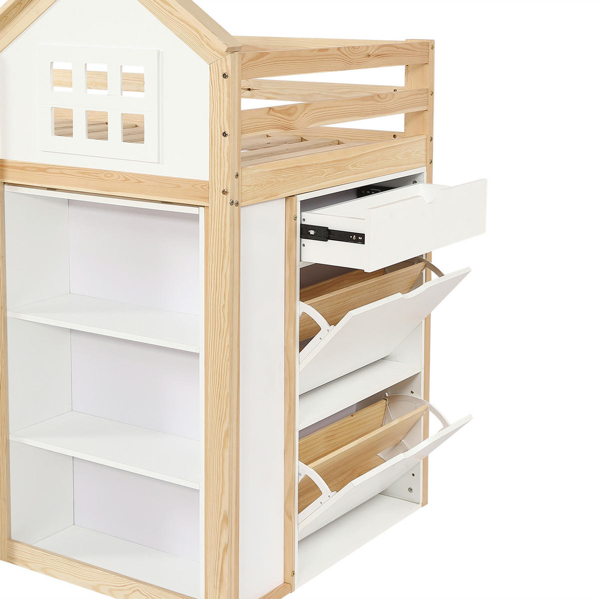 HOCHBETT 90x200 cm in Weiß+Natur mit Staufächern und Schubladen - Naturfarben, Holz (90/200cm) - KOMHTOM
