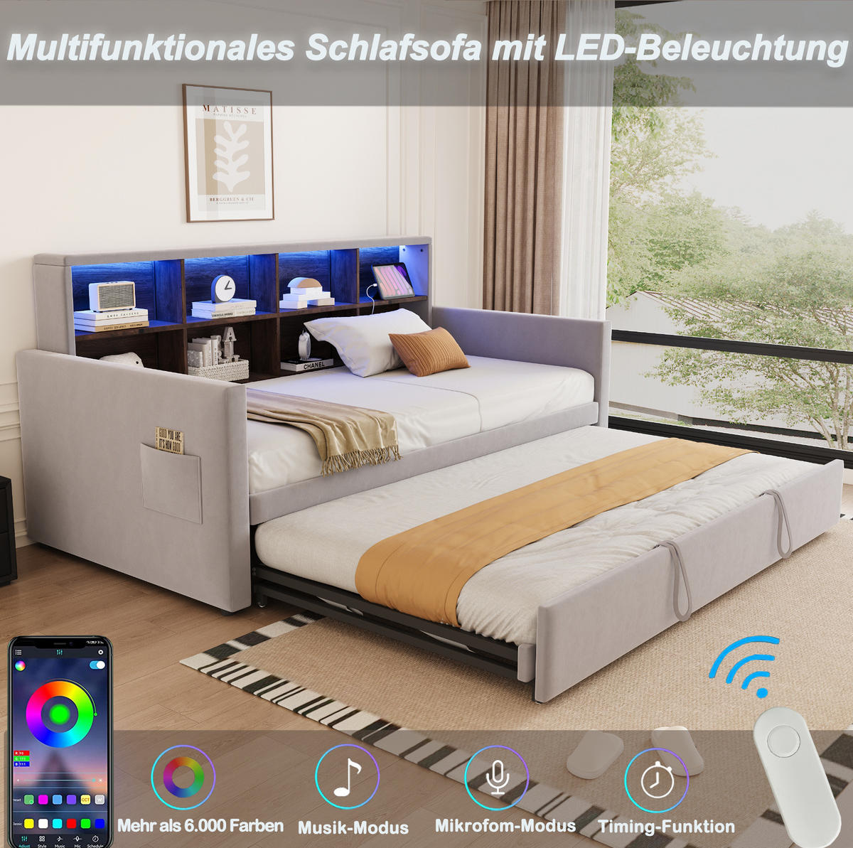 ČALÚNENÁ posteľ z zamatu 90x190 cm svetlosivá s výsuvným lôžkom, LED osvetlením a nabíjaním - svetlosivá, textil (90/190cm) - Modfu