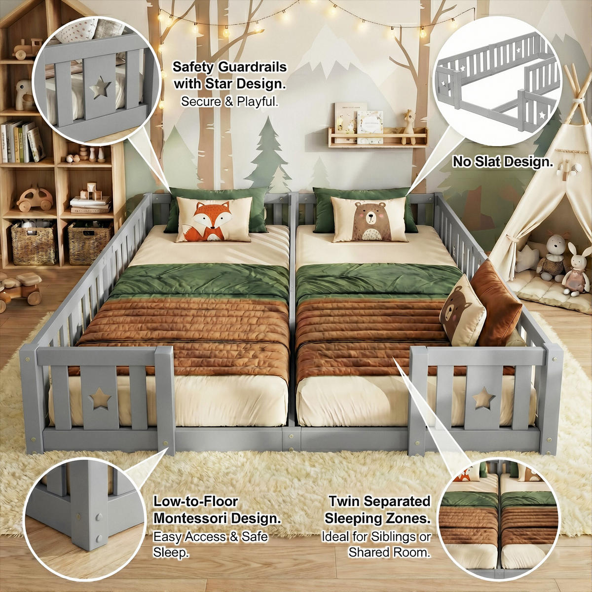 MONTESSORIBETT Klassisch ohne Lattenrost mit Sterne-Zaun 2x 90/200 cm Kiefer-Massivholz Grau - Grau, Holz (180/200cm) - Creahappy