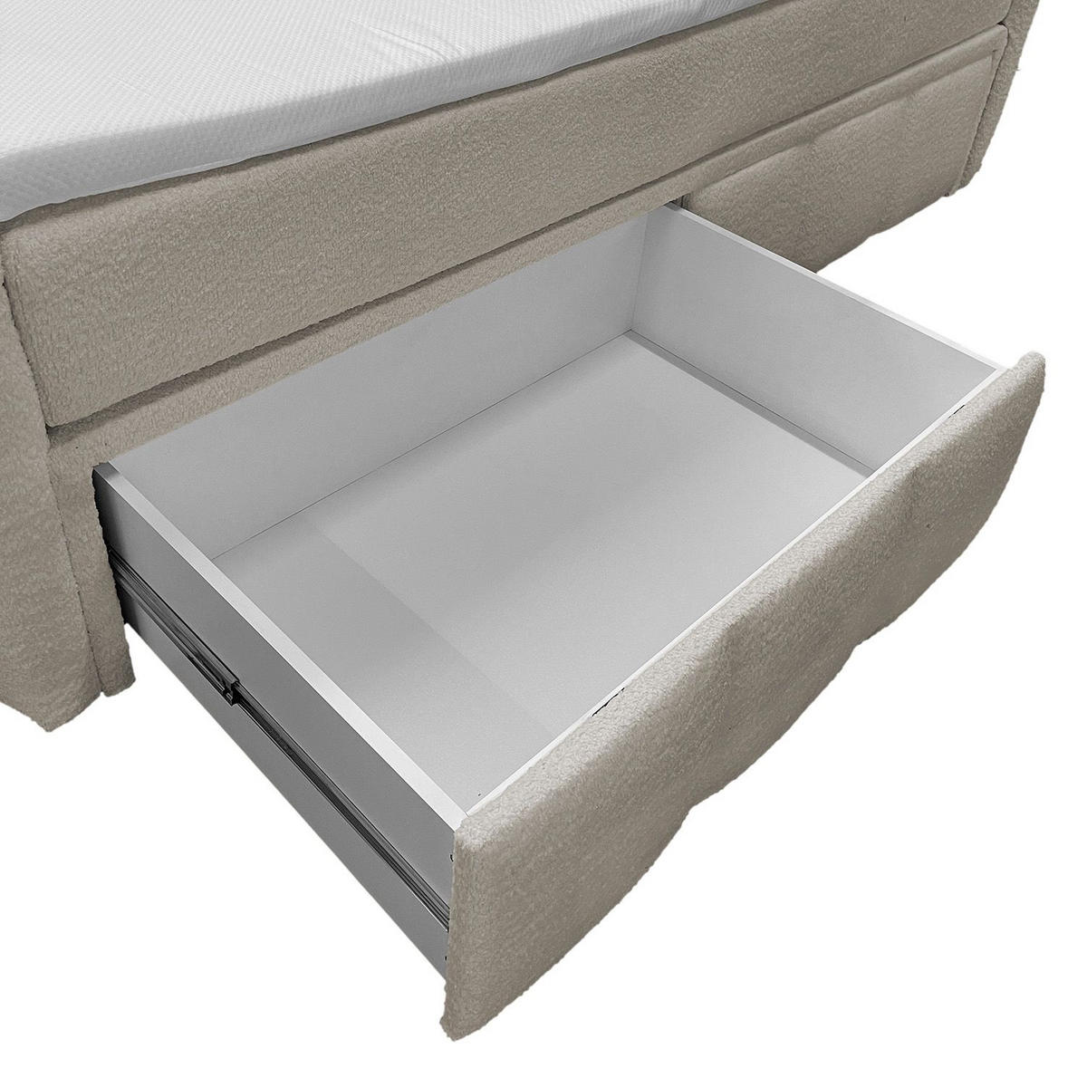 BOXBETT Manitoba 180/200 cm Bouclé Beige mit Bettkasten - Beige, Textil (180/200cm) - Juskys