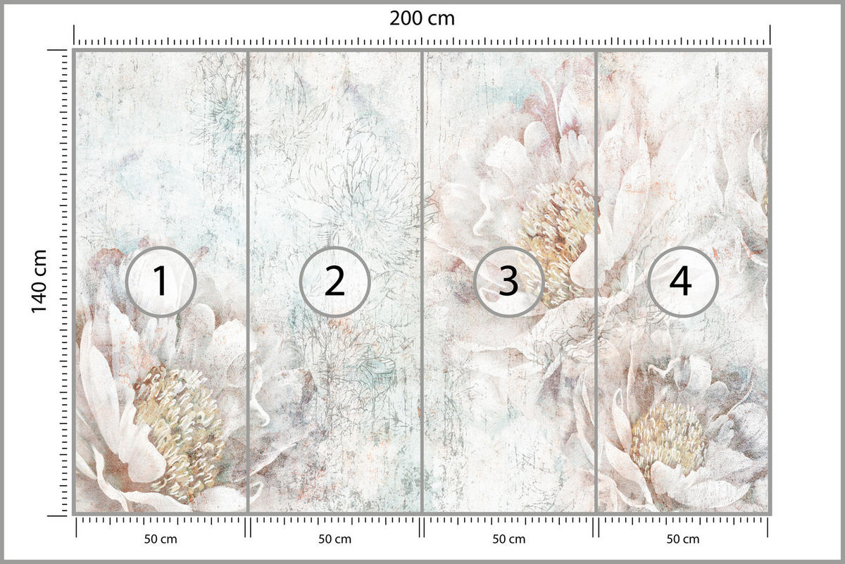 FOTOTAPETE für Büro Pfingstrosen Blumen Beton Vintage 200x140 - Gelb/Rosa, Papier (200/140cm) - Muralo