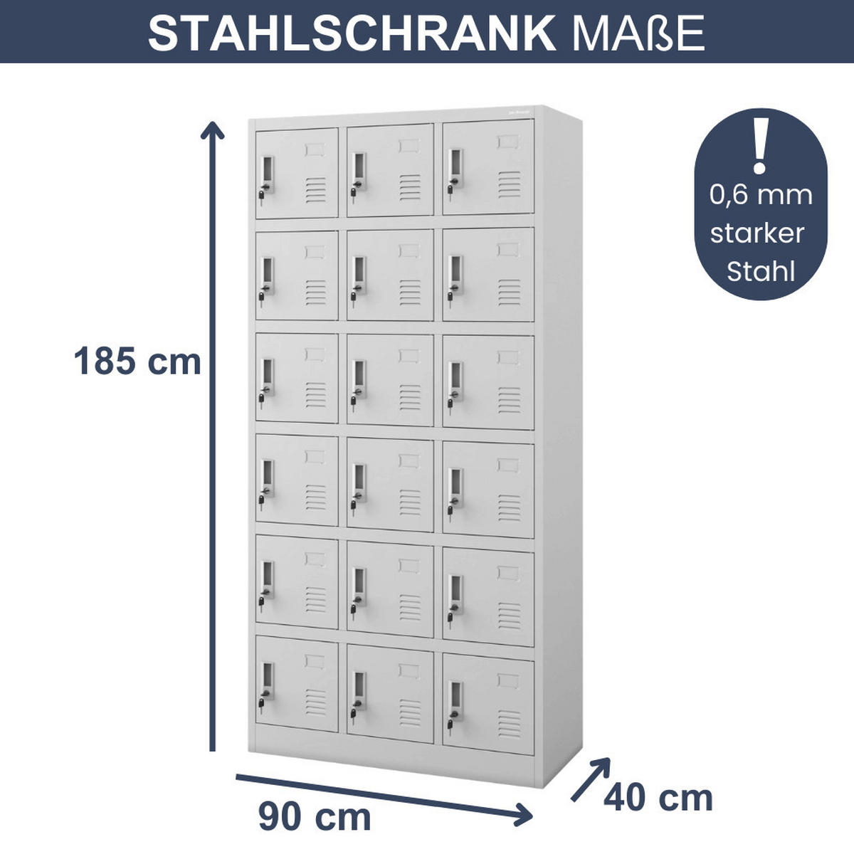 SCHLIESSFACHSCHRANK Spind BERN 18 Fächer185x90x40cm Grau - Grau, Metall (90/185/40cm) - DELUKE