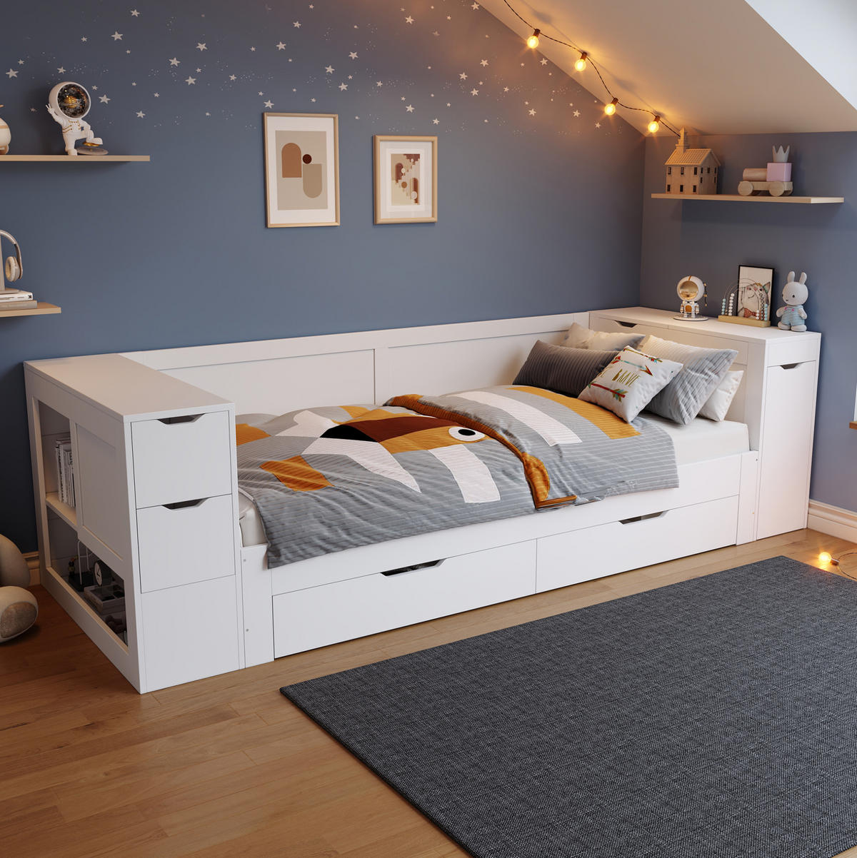 KINDERBETT 90/200 cm aus MDF mit Schublade, Regal und Nachttisch Weiß - Weiß, Holzwerkstoff (90/200cm) - Modenvie