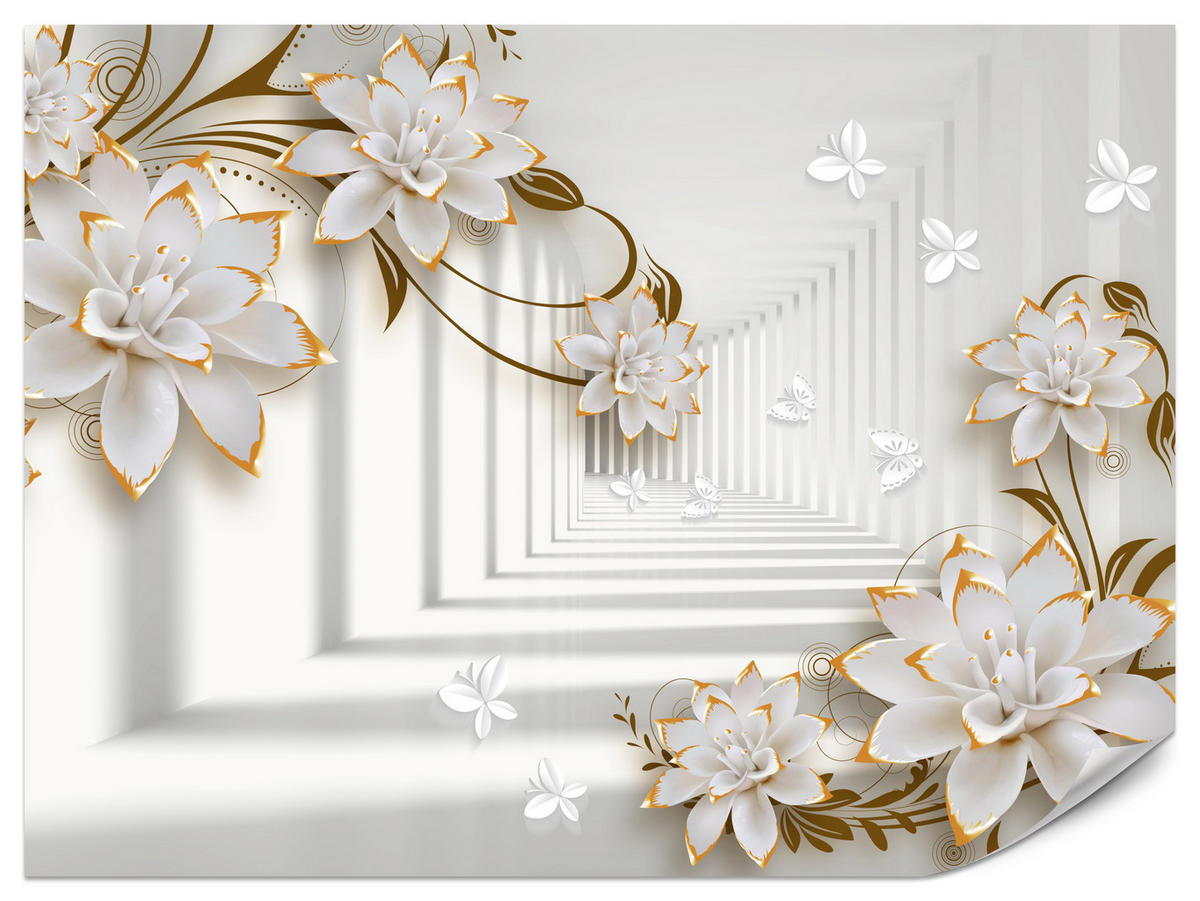 FOTOTAPETE für Wohnzimmer Abstrakter Blumen Tunnel Schmetterlinge 500x350 - Beige/Orange, Papier (500/350cm) - Muralo