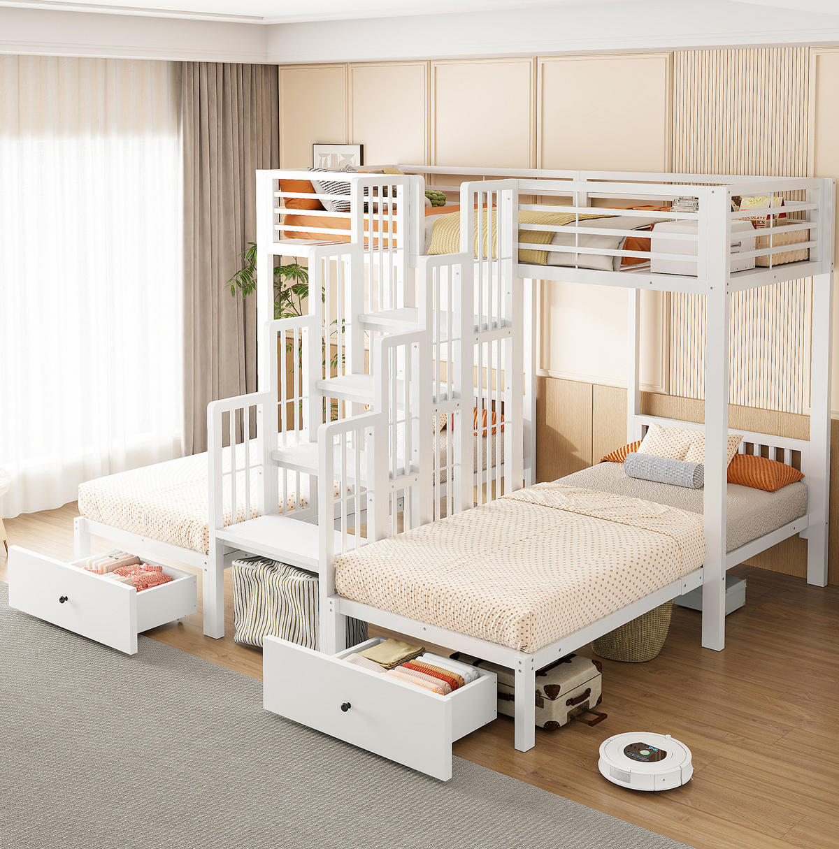 ETAGENBETT aus Metall und Holz 90x200 cm Weiß mit Treppe, Sicherheitsgeländern und 2 Schubladen - Weiß, Metall (90/200cm) - Modfu
