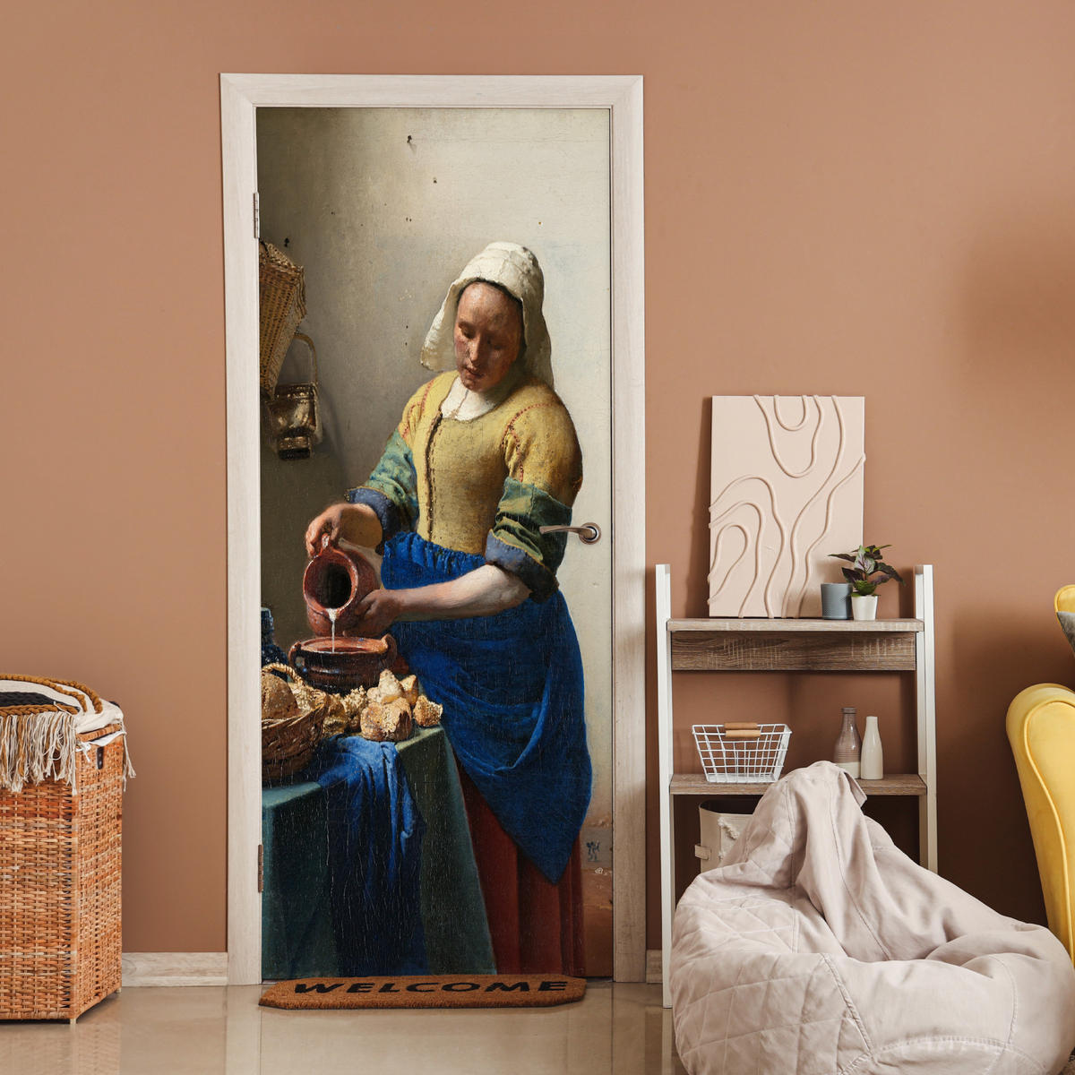 TÜRAUFKLEBER Das Milchmädchen - Johannes Vermeer Fototapete 75x205 cm - Türtapete - Dunkelblau, Kunststoff (75/0.1cm) - MuchoWow