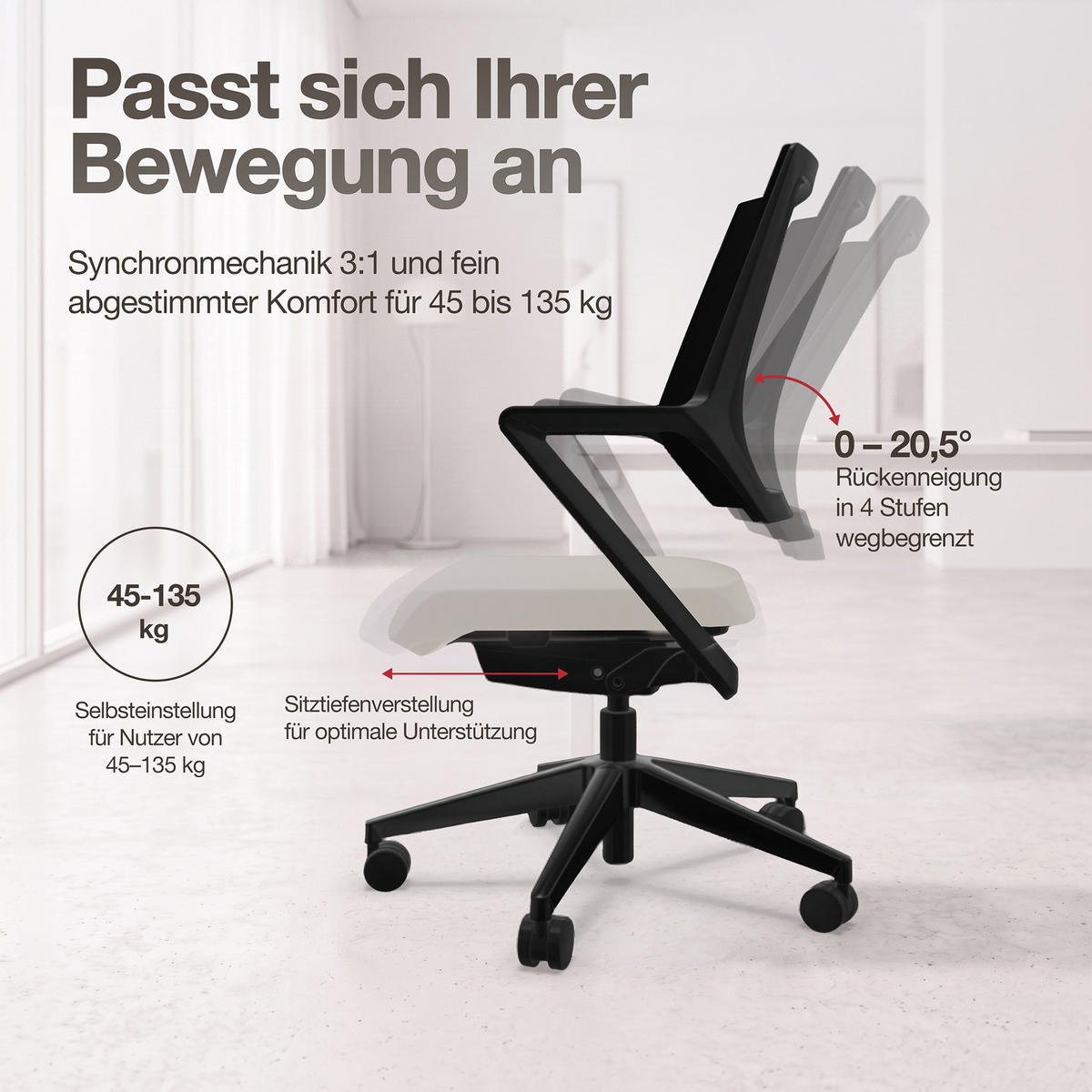 DREHSTUHL Ergonomischer Bürostuhl Asolo mit Netzrücken / Weiß Netzrücken für Luftzirkulation - Weiß, Textil (59.5/97.5/45cm) - ASSMANN