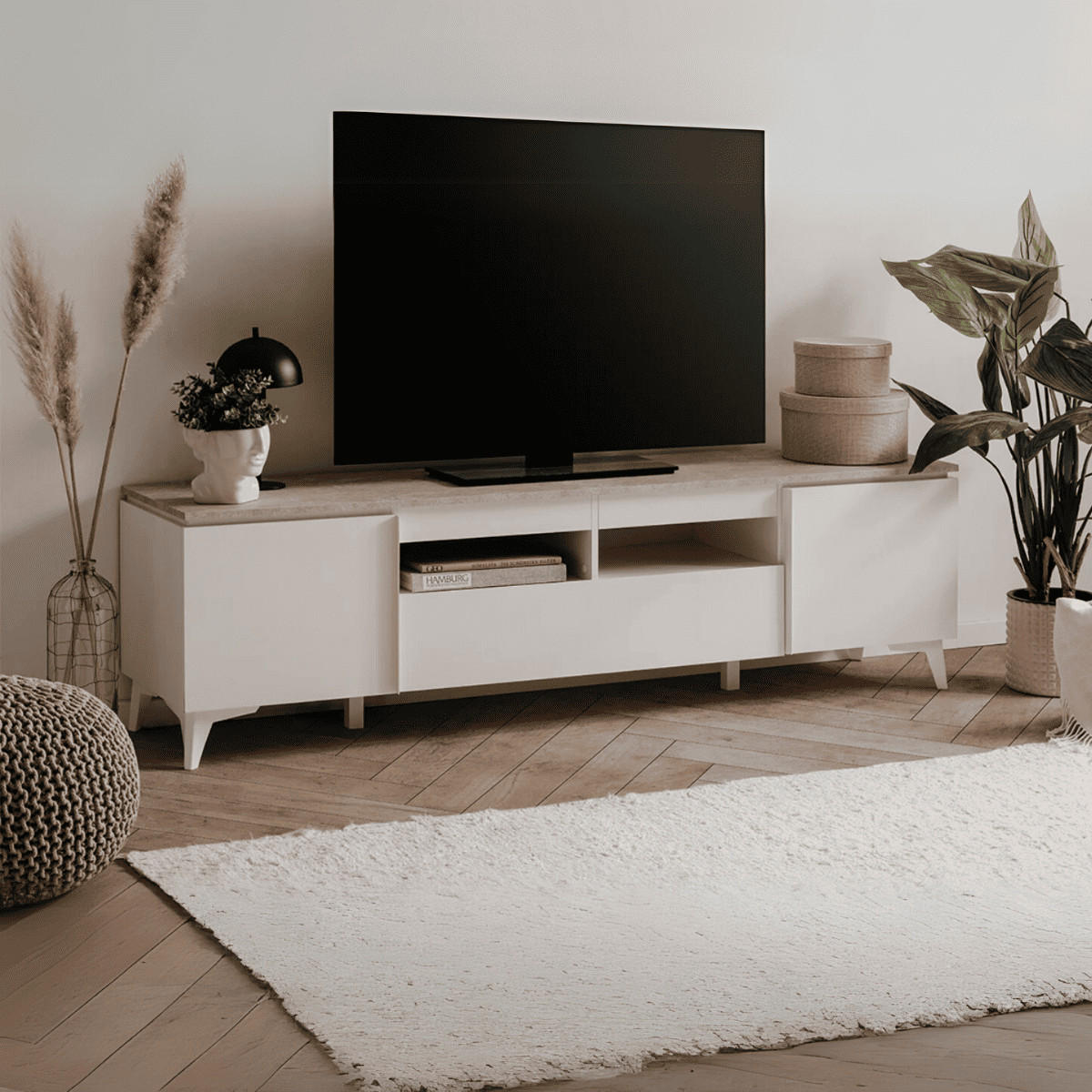 TV-MÖBEL 2 Türen 1 Schublade L177 cm - BERTRIX - Weiß, Holzwerkstoff (177/52/40cm) - Finori GmbH