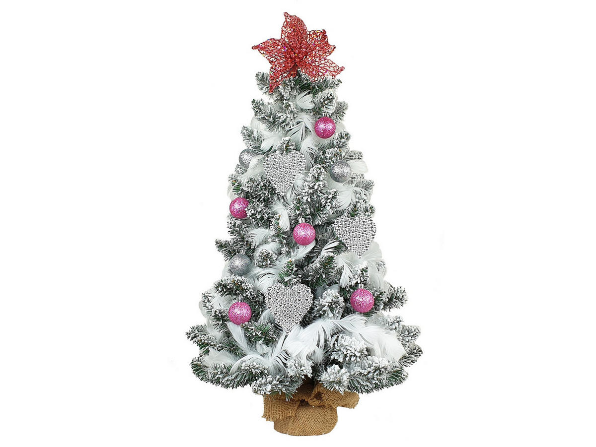 LAALU WEIHNACHTSBAUM geschmückt künstlich PERLENHERZ 60 cm mit LED-BELEUCHTUNG IM TOPF - Silberfarben/Weiß, Kunststoff (60cm) - LAALU