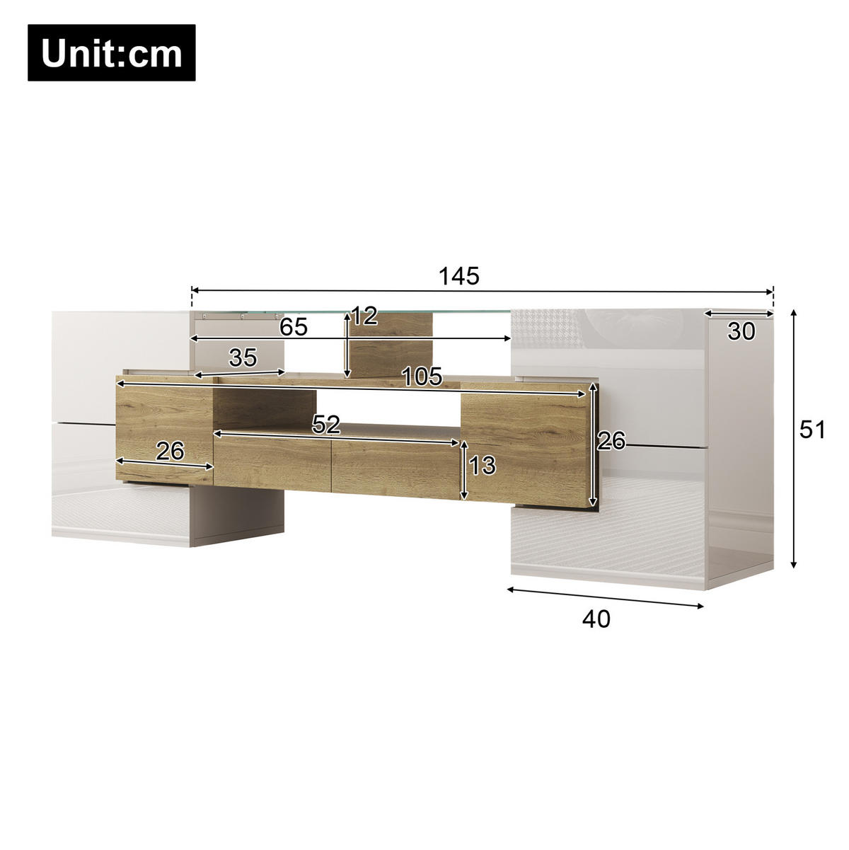 TV-ELEMENT mit LED-Beleuchtung 145 cm Weiß Holzoptik - Weiß, Holzwerkstoff (30/51/145cm) - Beauniv