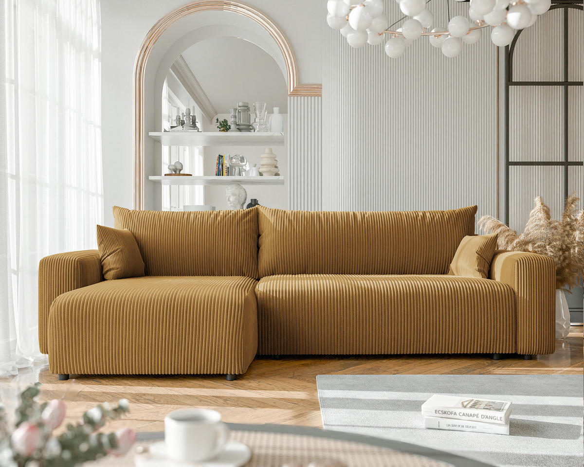ECKSOFA mit Schlaffunktion und Bettkasten, Gelb - Gelb, Holzwerkstoff/Textil (145/278cm) - Idohome