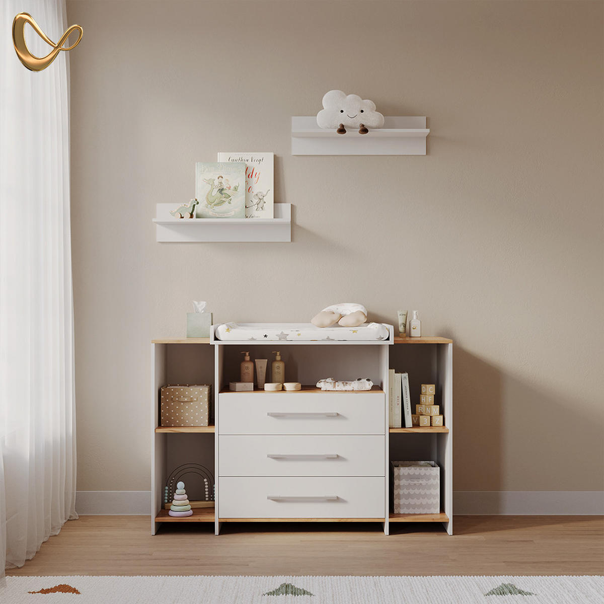 WICKELKOMMODE Torino Weiß/Goldkraft Eiche mit 3 Schubladen - Honigeiche/Weiß, Holzwerkstoff (143.2/93/53.1cm) - Livinity®