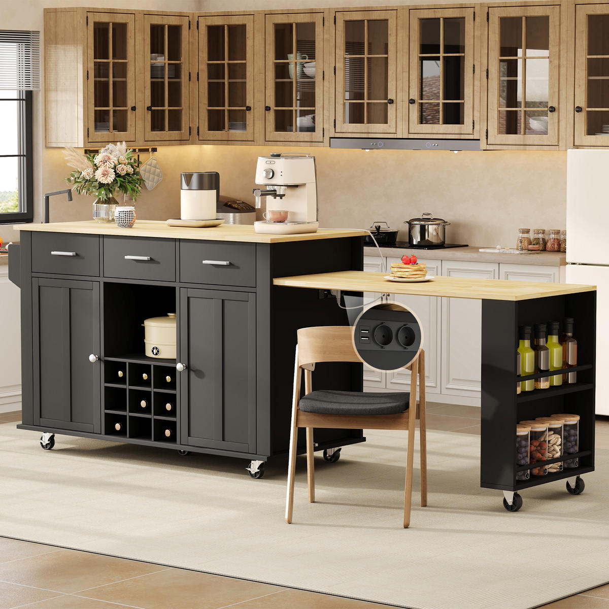 KÜCHENINSEL 93 cm MDF Schwarz Natur mit Ausziehbarer Arbeitsplatte und Weinregal - Schwarz, Holzwerkstoff (50/93/136cm) - Korfee