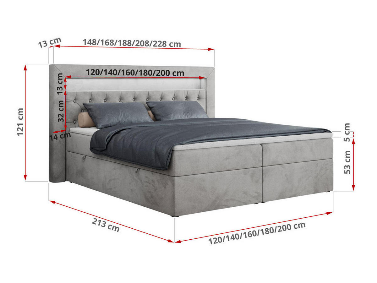 BOXBETT GOLD-6 LED 140/200 Hellgrau Velvet - H3 - Hellgrau, Holz/Textil (140/200cm) - MKS