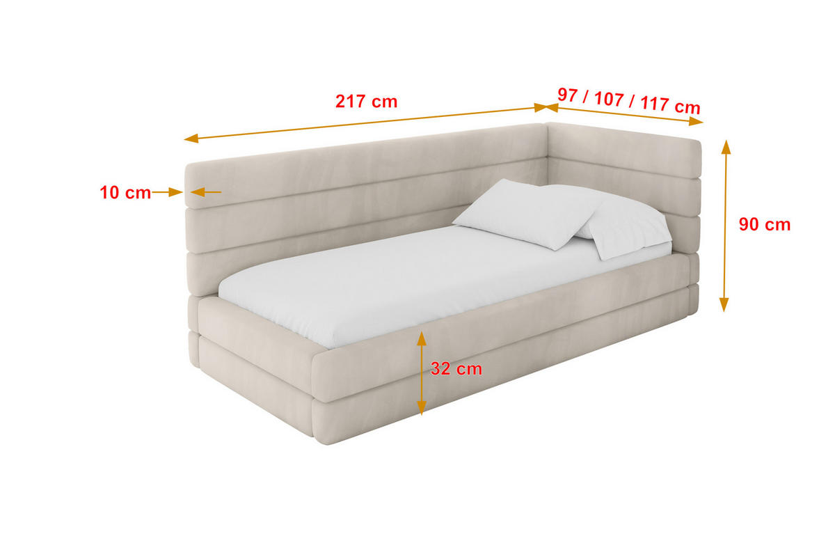EINZELLBETT Jugendbett mit Bettkasten, Links - BEMY 90x200 Beige - Ecru, Holzwerkstoff/Textil (90/200cm) - ALTDECOR