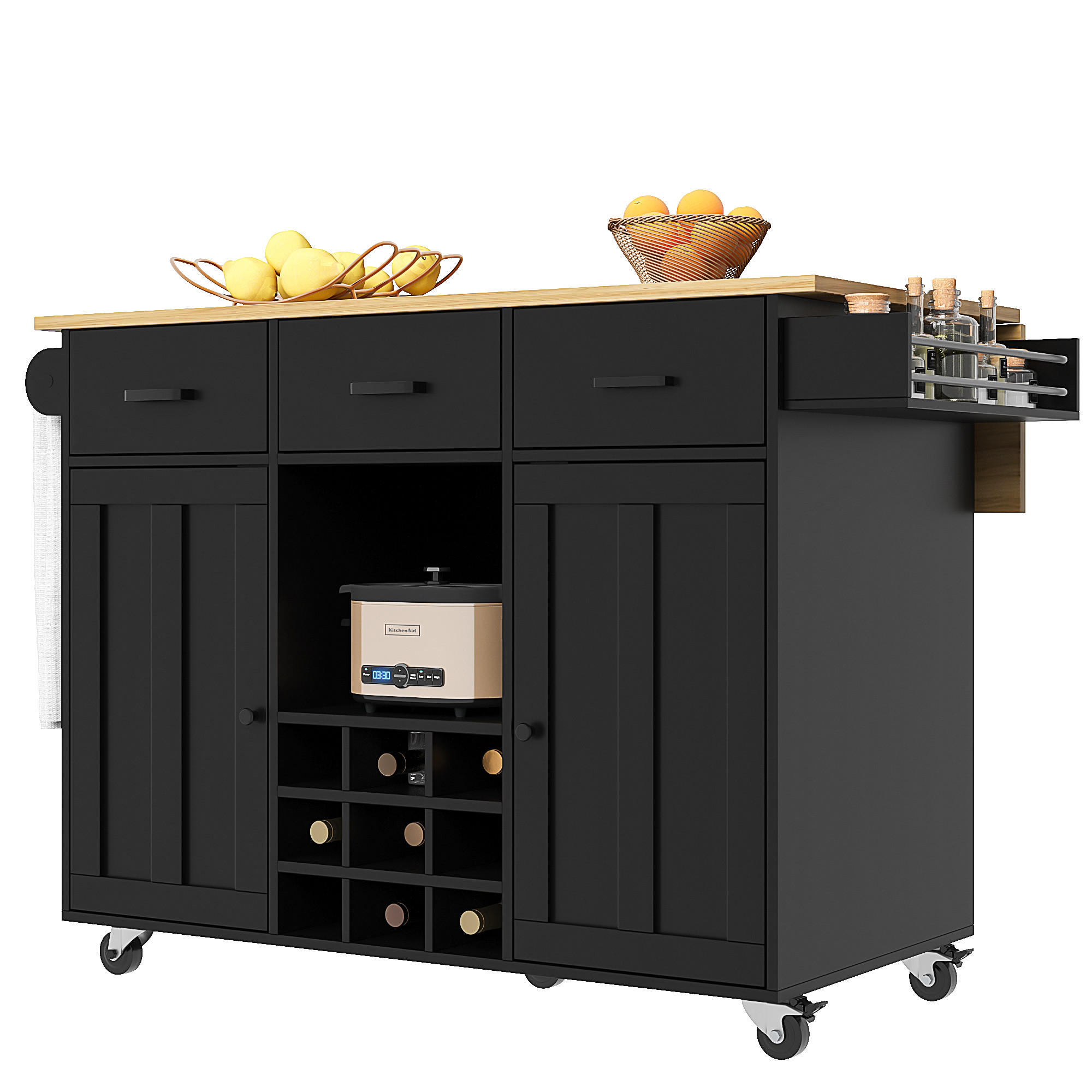 KÜCHENWAGEN 104x39.5x91.5cm Schwarz mit 3 Schubladen & Weinrutsche - Schwarz, Holzwerkstoff (104/91.5/39.5cm) - Modfu