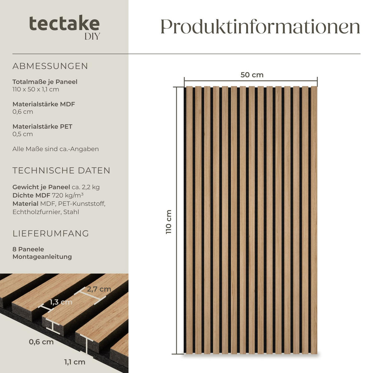 AKUSTIKPANEELE 8er Set Sonic Wall Iv, je 110 x 50 x 1,1 cm, Größe flexibel anpassbar, Eiche - Eichefarben, Holz (50/1.1/110cm) - tectake