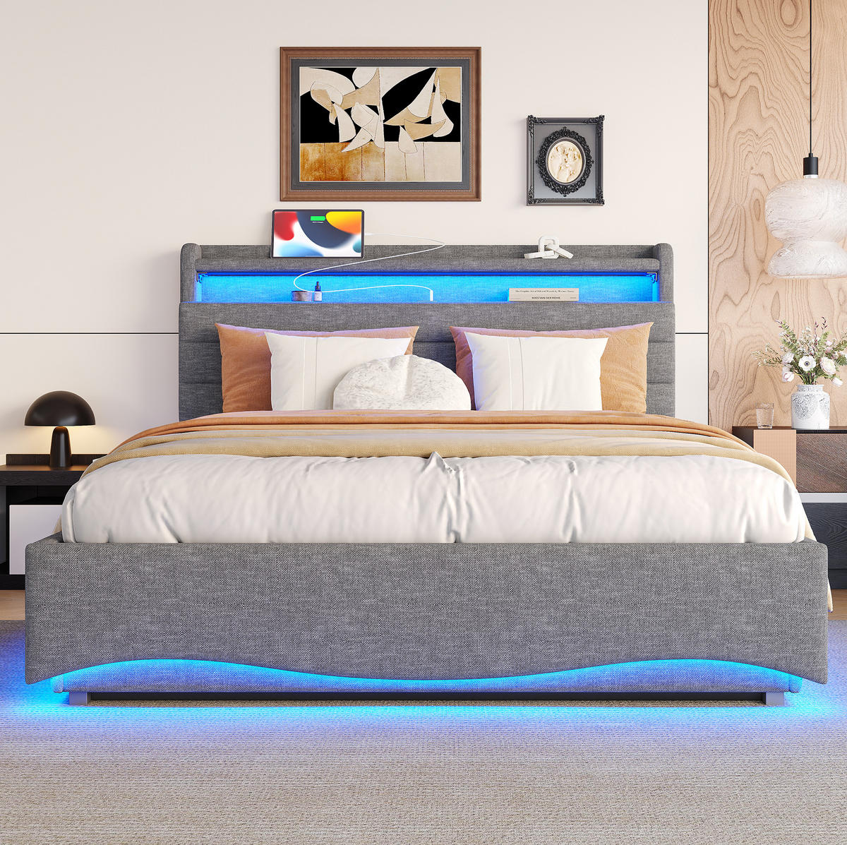 POLSTERBETT mit LED-Beleuchtung 140/200 cm mit Bettkasten & USB-C - Beige, Textil (140/200cm) - BEAOK