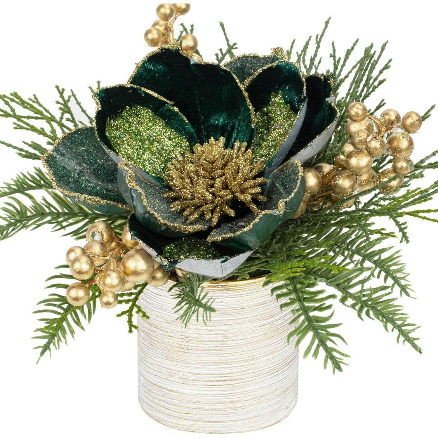 KUNSTPFLANZE Weihnachtsarrangement Magnolie im Keramiktopf mit Tannenzweig und Kugeln Dunkelgrün - Multicolor, Keramik (26cm)