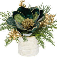 KUNSTPFLANZE Weihnachtsarrangement Magnolie im Keramiktopf mit Tannenzweig und Kugeln Dunkelgrün - Multicolor, Keramik (26cm)