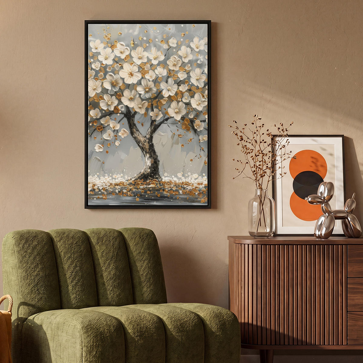 LEINWAND Bilder mit Rahmen - Baum - Blumen - Weiß - Natur - Kunst - 60x90 - Weiß, Textil (60/90cm) - MuchoWow