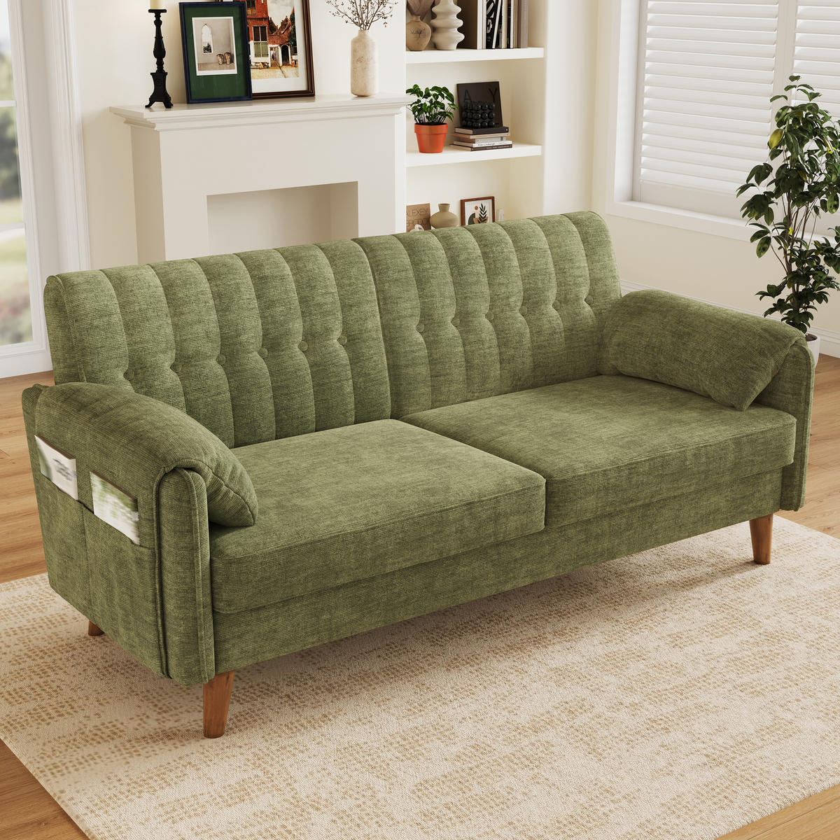 2-SITZER-SOFA Chenille mit Massivholzbeinen, DE-42464, Grün - Grün, Holzwerkstoff (161.5/83.5/79cm) - ComfortXL