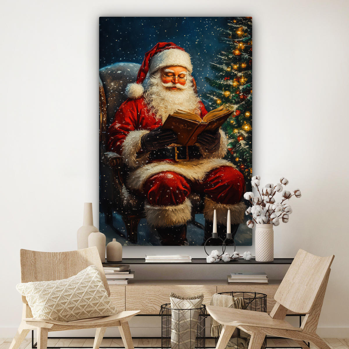 OBRAZ NA PLÁTNĚ Otec Vánoc - Vánoce - Zima - Vánoční stromek 90x140 cm - bordeaux, textil (90/140cm) - MuchoWow