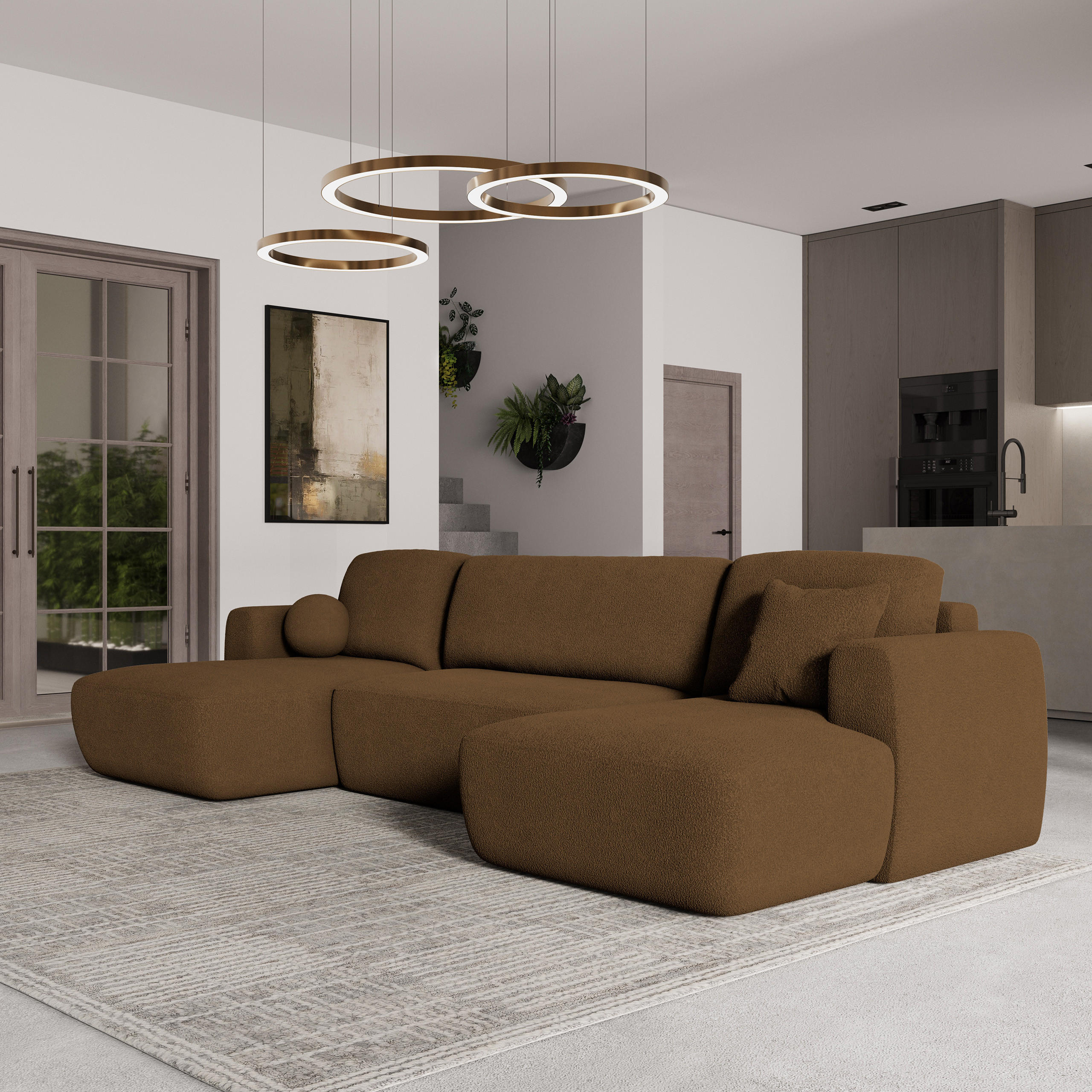 WOHNLANDSCHAFT SENTUM N Braun Boucle-Stoff mit Schlaffunktion - Braun, Holz (330/90/148cm) - MASSENO