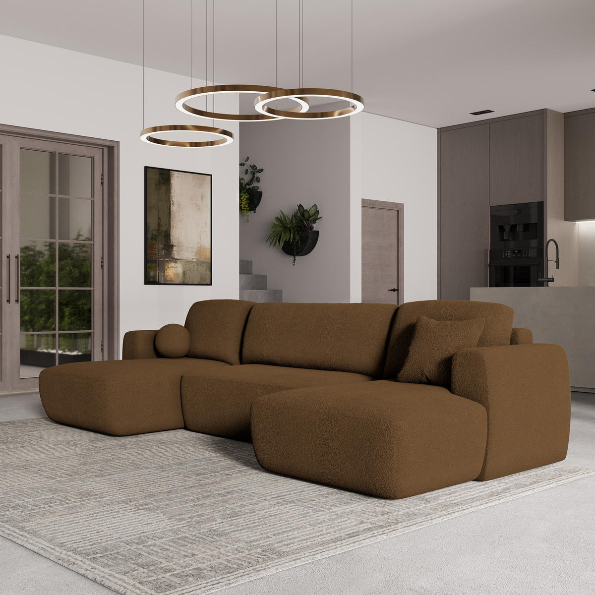 WOHNLANDSCHAFT SENTUM N Braun Boucle-Stoff mit Schlaffunktion - Braun, Holz (330/90/148cm) - MASSENO