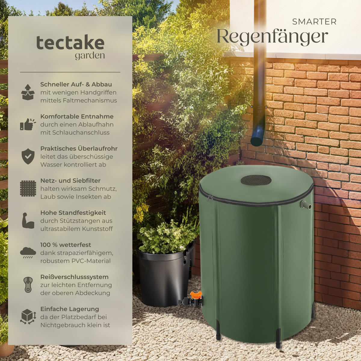 REGENTONNE ,Oberseite abnehmbar,grün - Grün, Kunststoff (59/90/59cm) - tectake