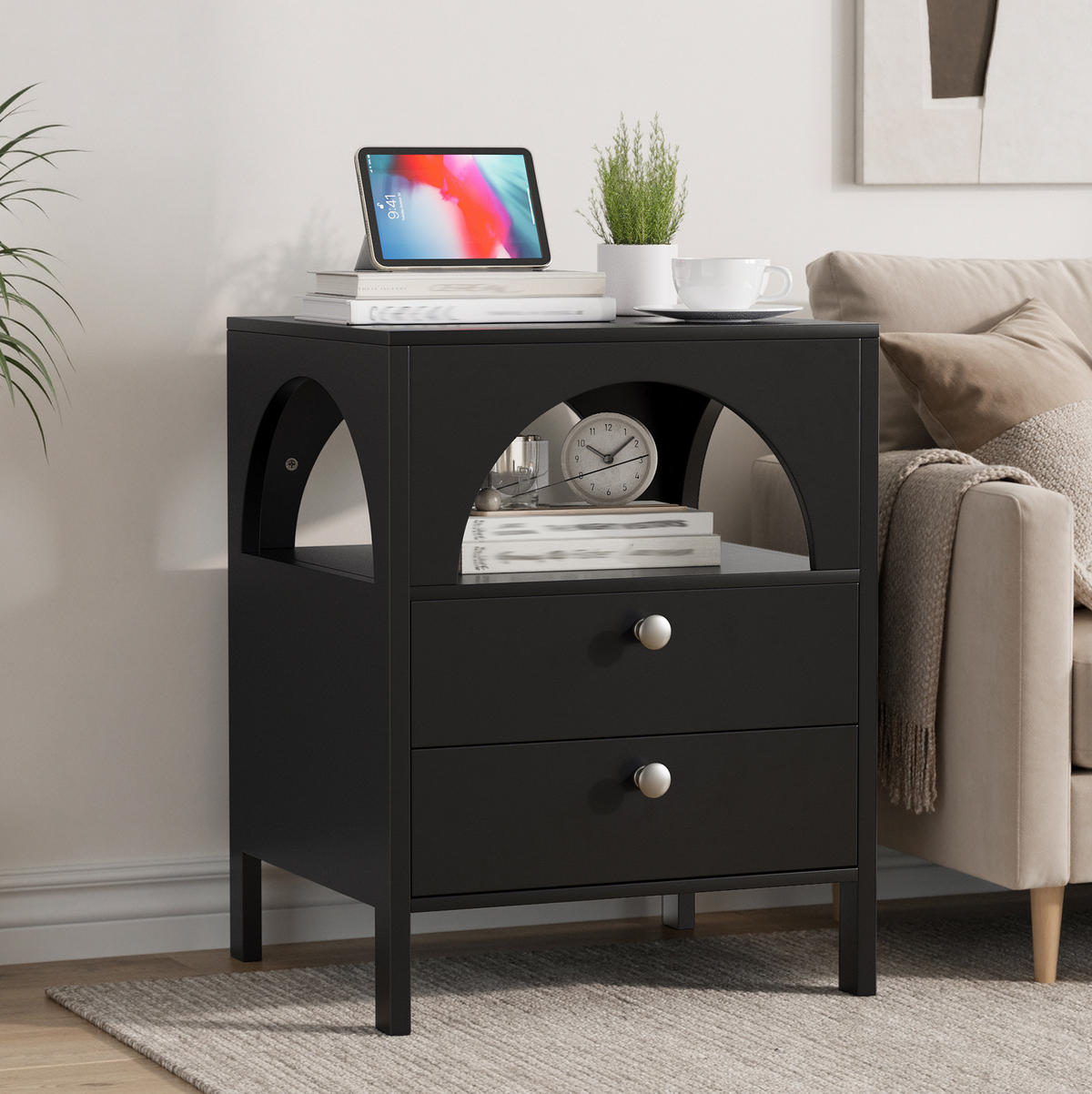 NACHTTISCH 45/40/58 cm schwarz aus MDF mit 2 Schubladen - Schwarz, Holzwerkstoff (40/58/45cm) - OKWISH