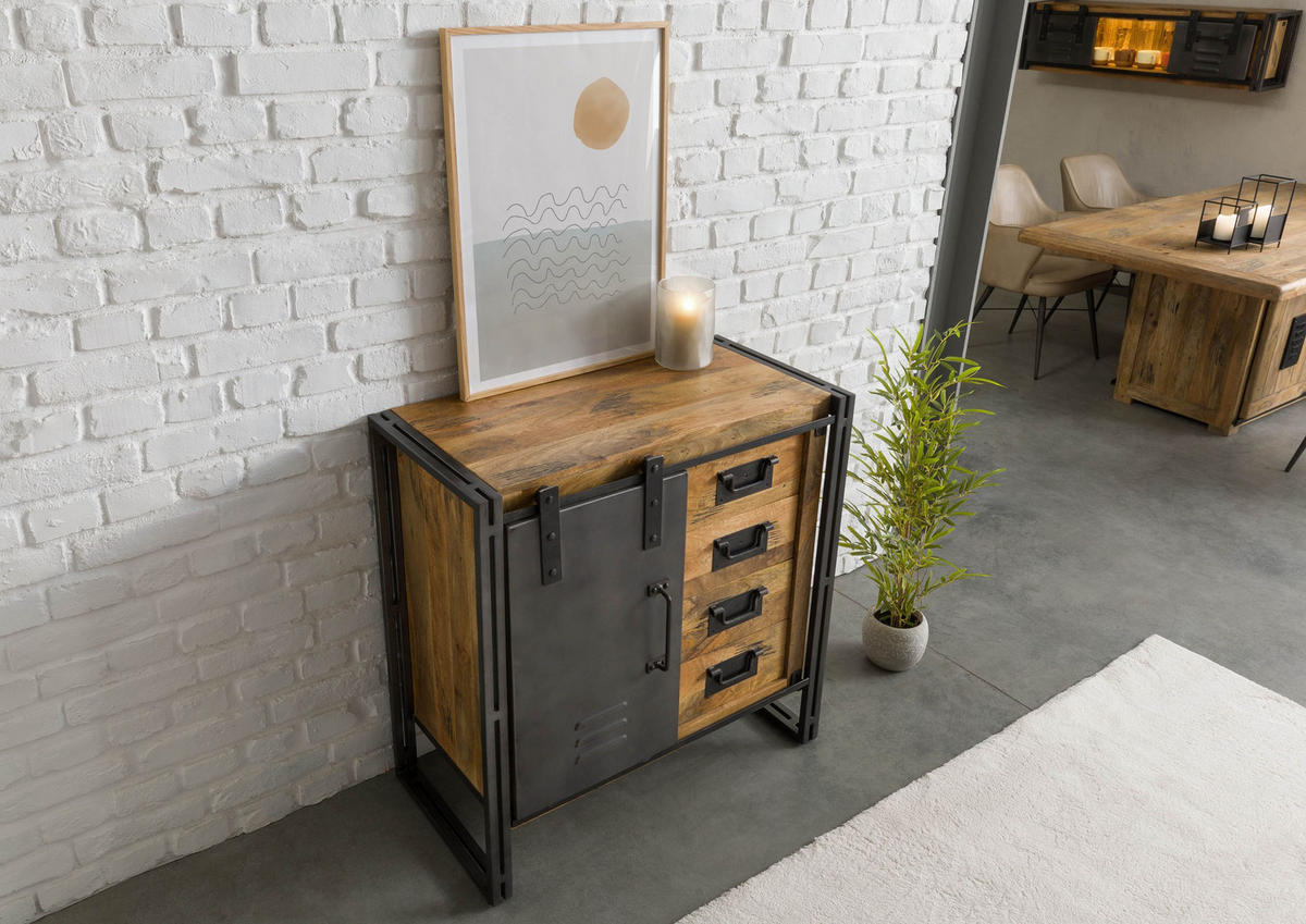 KOMMODE Mango 90x45x90 natur lackiert / Metall grau BLACKBURN #308 - Naturfarben, Holz (90/90/45cm) - Massivmoebel24